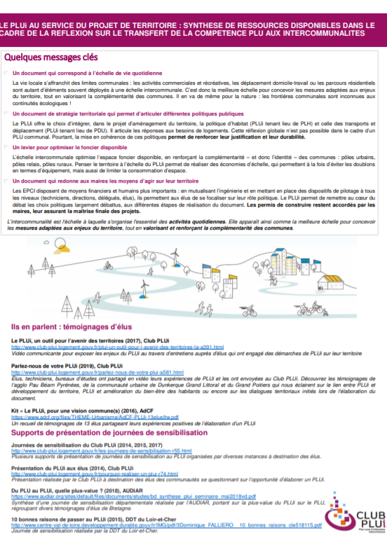 Le PLUi au service du projet de territoire : synthèse de ressources disponibles dans le cadre de la réflexion sur le transfert de la compétence PLU aux intercommunalités