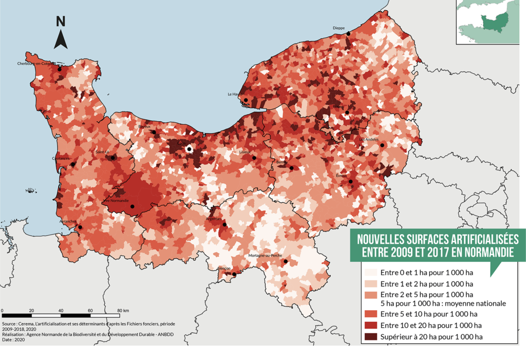 Nouvelles surfaces artificialisées en Normandie 2009 à 2017
