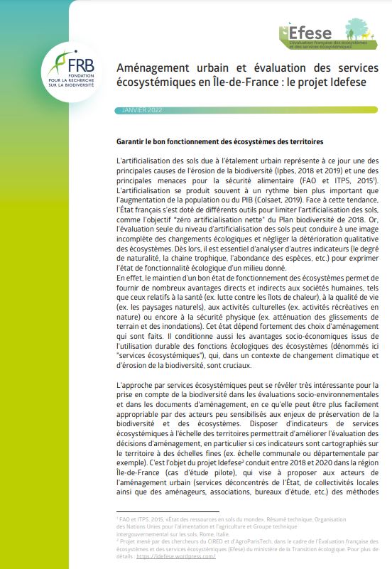 Aménagement urbain et évaluation des services écosystémiques en Île-de-France : le projet Idefese