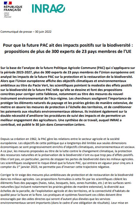 Pour que la future PAC ait des impacts positifs sur la biodiversité : propositions de plus de 300 experts de 23 pays membres de l’UE