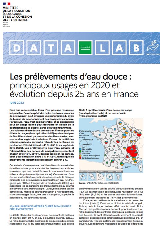 Les prélèvements d’eau douce : principaux usages en 2020 et évolution depuis 25 ans en France