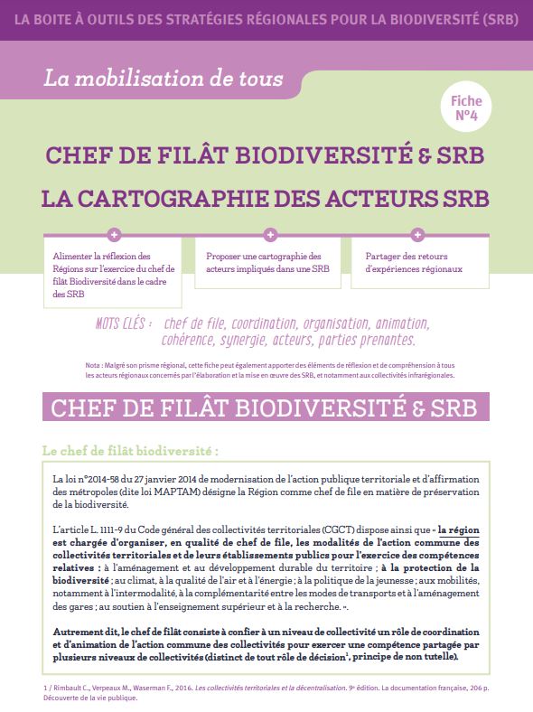 La boite à outils des stratégies régionales pour la biodiversité (SRB) – Fiche n°4 : Chef de filât Biodiversité & SRB – La cartographie des acteurs SRB